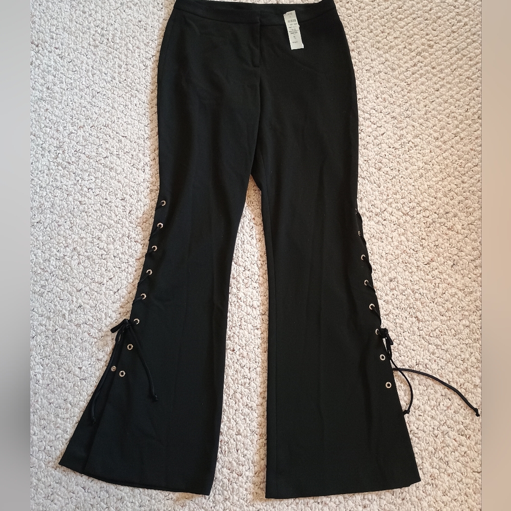 Cache Black Boot Cut Flared Pants with High Waist and Textured Fabric